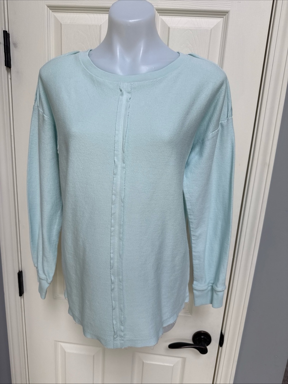 WONDERLY Waffle Knit Thermal Top Women Round-Neck Long Sleeve Pullover Blue S